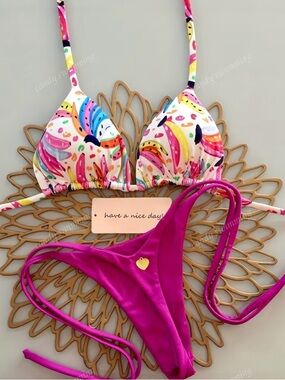 Vibrant Multicolor Printed Triangle Top with Magenta String Bikini Bottom